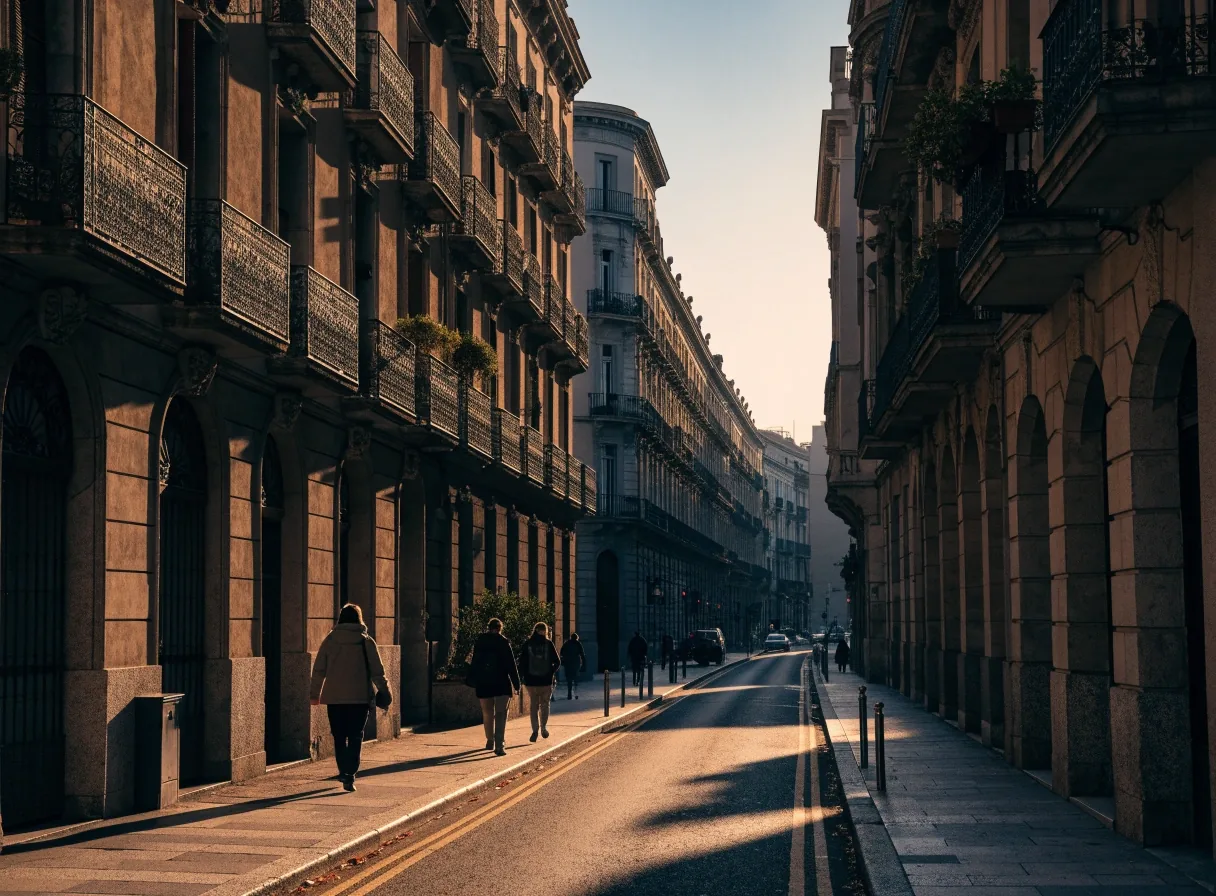 Fachadas del Eixample de Barcelona a primera hora, con vecinos caminando por la acera