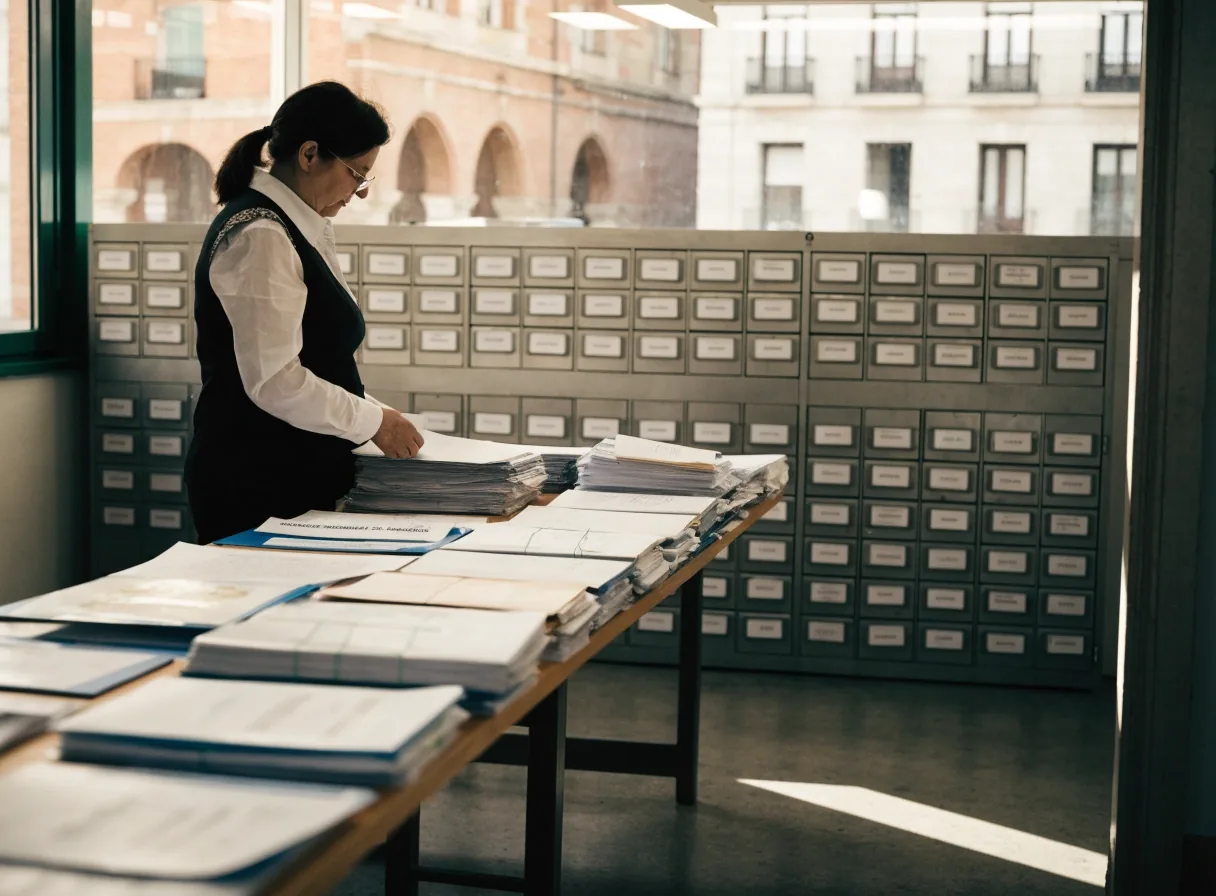 Persona revisando hojas de cálculo impresas en una oficina