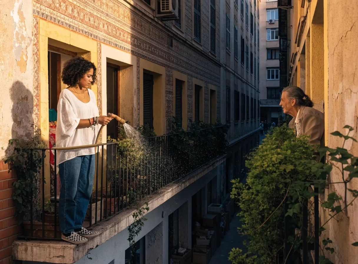 Familia española de varias generaciones en la terraza de su vivienda