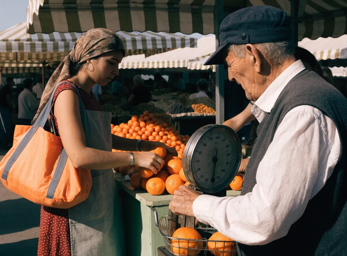 Vecinos de distintas generaciones conversando al atardecer en la calle de un barrio español