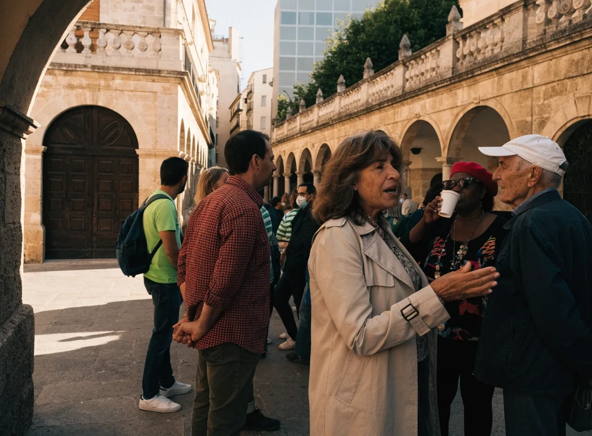 Vecinos españoles y de origen extranjero conversando en la plaza de un municipio español