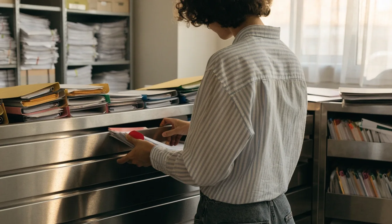 Manos ordenando documentación estadística impresa sobre una mesa de trabajo