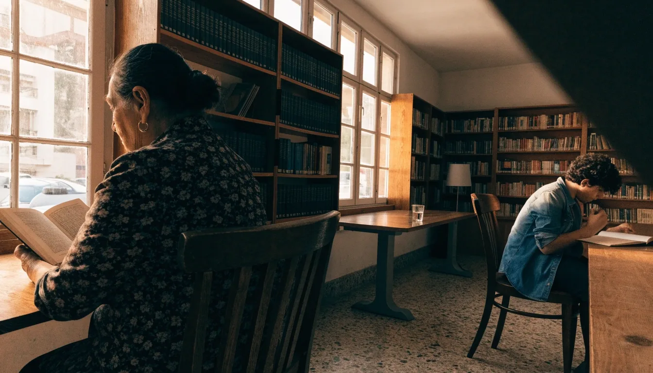 Sala de lectura silenciosa con luz de tarde en Barcelona