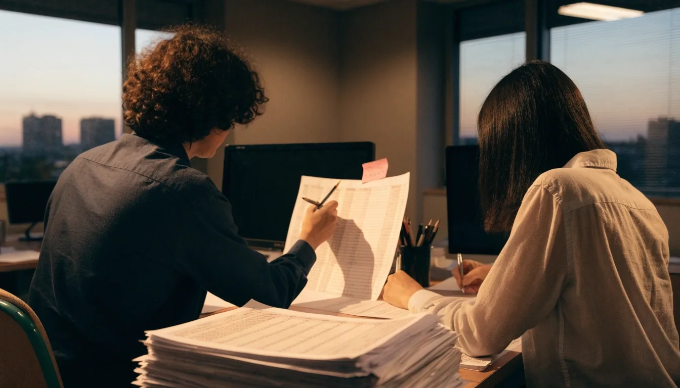 Dos analistas revisando tabulaciones impresas en una oficina de investigación demográfica en España