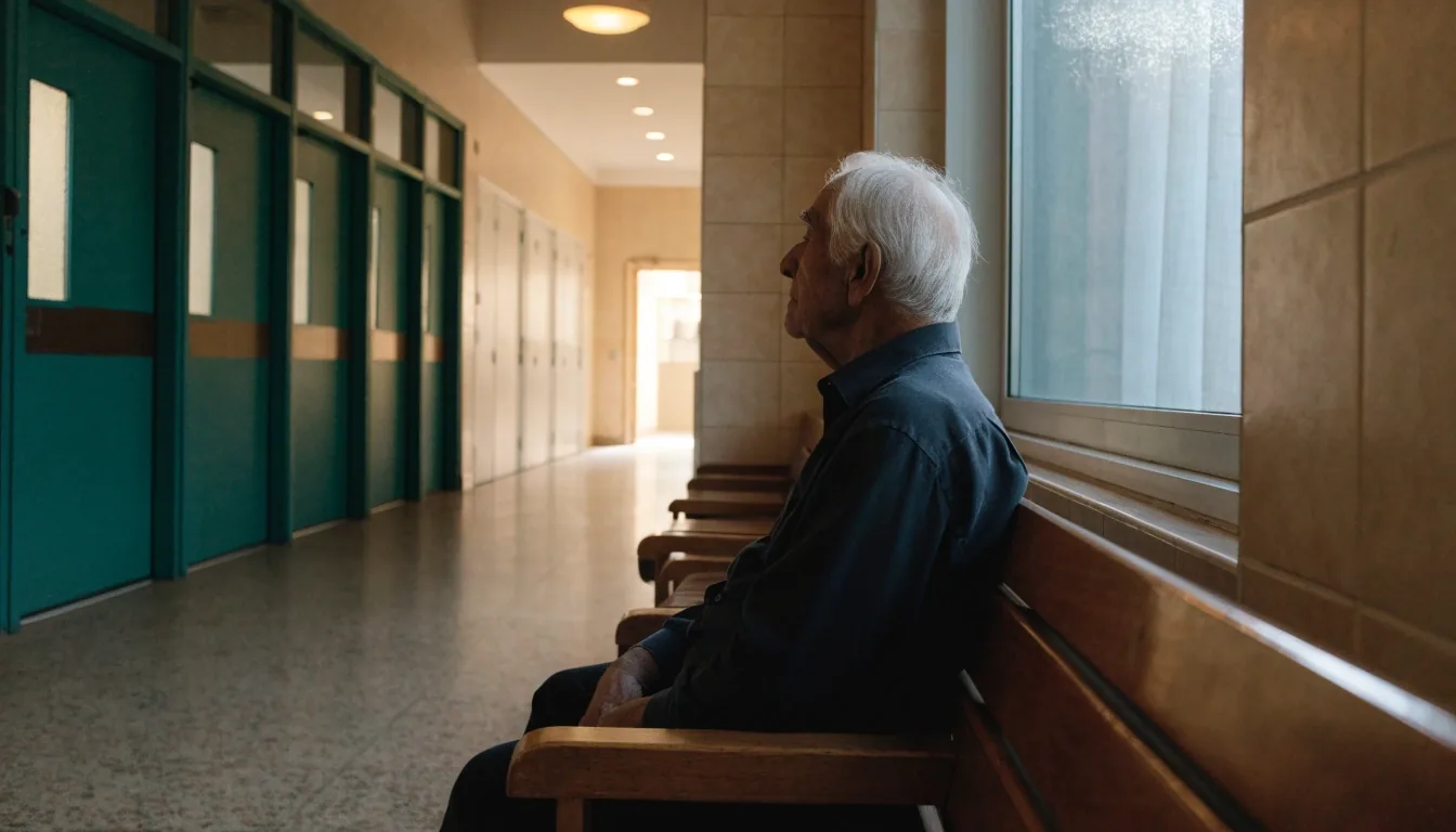 Persona mayor sentada en la sala de espera de un centro de salud español, junto a una ventana con luz de mañana