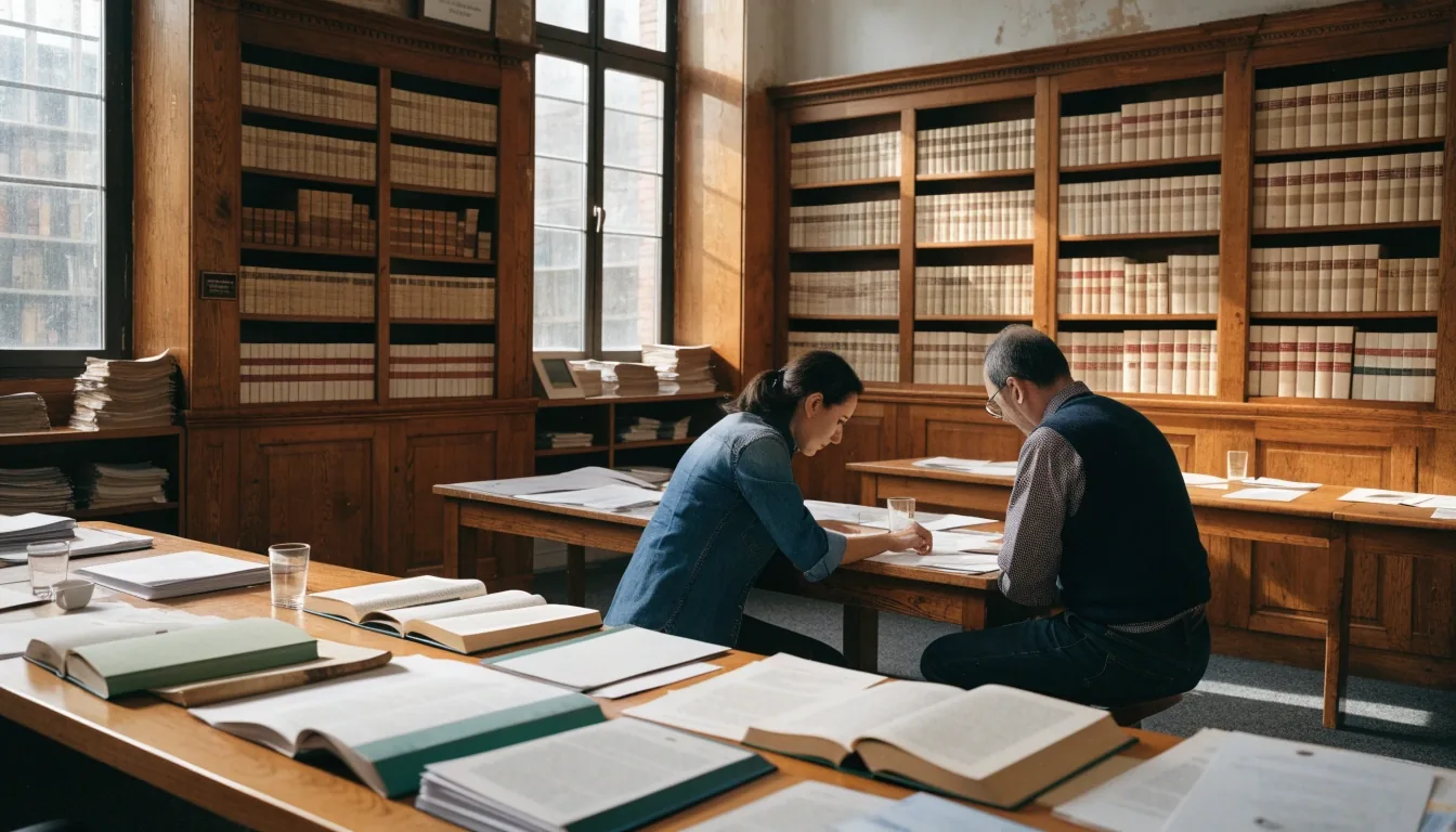 Sala de consulta con volúmenes de referencia y dos personas comparando series en una mesa larga