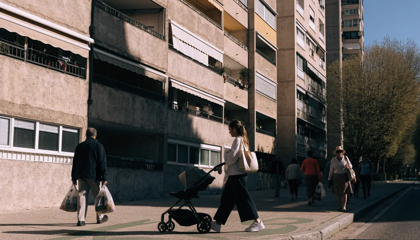 Barrio residencial español con edificios de viviendas y balcones en una calle tranquila