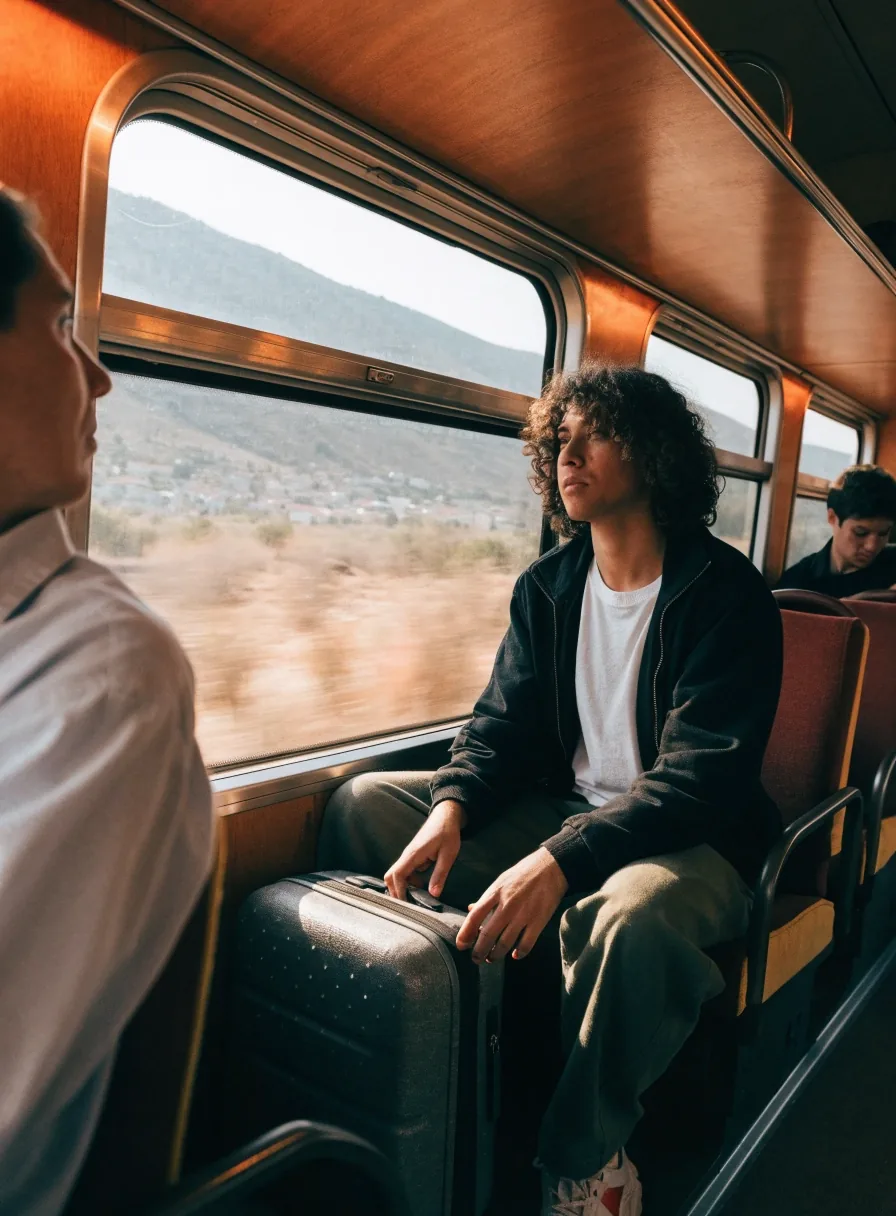 Pasajero con equipaje instalándose en un tren regional con el paisaje en movimiento tras la ventana